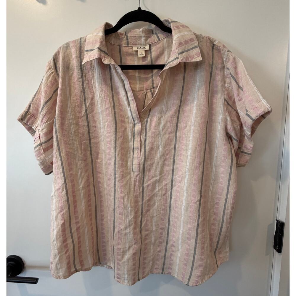 A.N.A. Cotton Linen Blend Short Sleeve Boxy Top Cream Pink and Green Striped